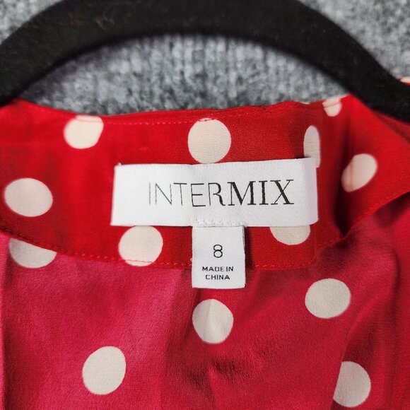 Intermix Silk Women's Polka Dot Long Sleeve V Neck Ruffle Dress Red - Picture 4 of 10